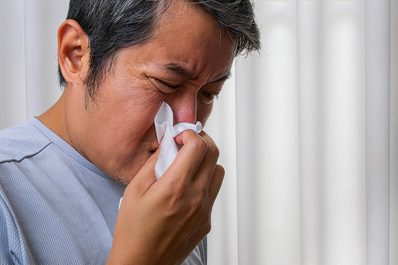 A man experiencing persistent nasal discomfort